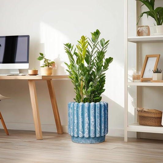 Ceramicfor Ceramic Planter, 12 Inch, Blue | Drainage Hole, Round Large Flower Pot, Fluted Decorative Design, Indoor Outdoor Use