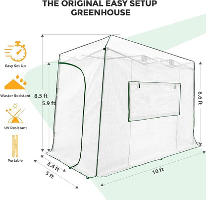 EAGLE PEAK 10x5 Portable Walk in Greenhouse, Pop Up Indoor Outdoor Greenhouse, Green House Kit with Zippered Roll-Up Doors and Windows, Lean-to Design, PE Cover, Clear/White