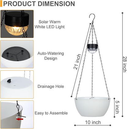 SUNNYPARK 2 Pack Solar Hanging Planters for Plants Outdoor | Self Watering, White Flower Pots with Solar Light, Hanging Garden Planters with Drainer for Balcony Patio Outdoor Decor