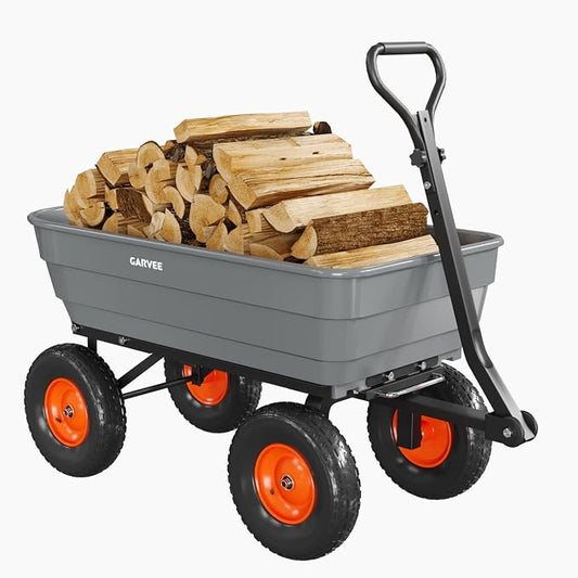 GarveeLife Poly Garden Dump Cart, 1200 lb Wheelbarrow Yard Cart with 13 in Wheels, Quick-Dump & Towable Utility Wagon for Yard, Soil, Rocks（Gray）