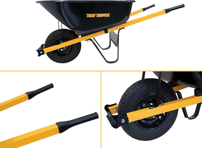 True Temper Steel Wheelbarrow with Never Flat Tire & Steel Handles, 6 Cu. Ft
