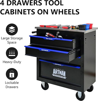 4-Drawer Rolling Tool Chest, Lockable Stainless Top for Garage, Black&Blue | Heavy Duty Modular Roll Around Tool Cabinet with Drawers for Workshop and Tool Box Storage