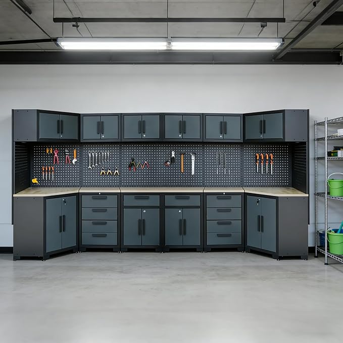 Garage Storage Cabinet System,2×8Pcs Garage Cabinets and Storage System Corner Workshop Set with Corner Cabinet, Cabinet Drawers, Workbench, Pegboard for Tool Organization, Black and Grey