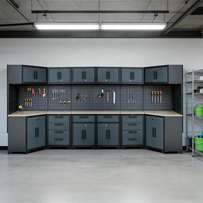 Garage Storage Cabinet System,2×8Pcs Garage Cabinets and Storage System Corner Workshop Set with Corner Cabinet, Cabinet Drawers, Workbench, Pegboard for Tool Organization, Black and Grey