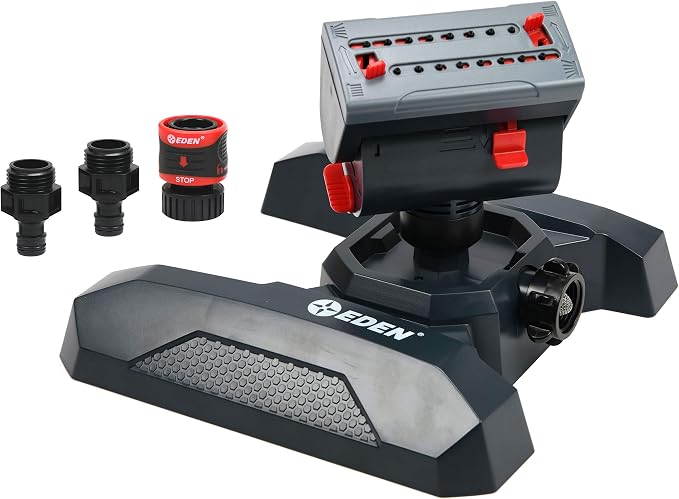 Eden 94125 Adjustable 4-Way Mini Turbo Oscillating Sprinkler W/Quick Connect Starter Set, 16 Nozzle, Covers up to 4,069 sq. ft. Heavy Weight Base