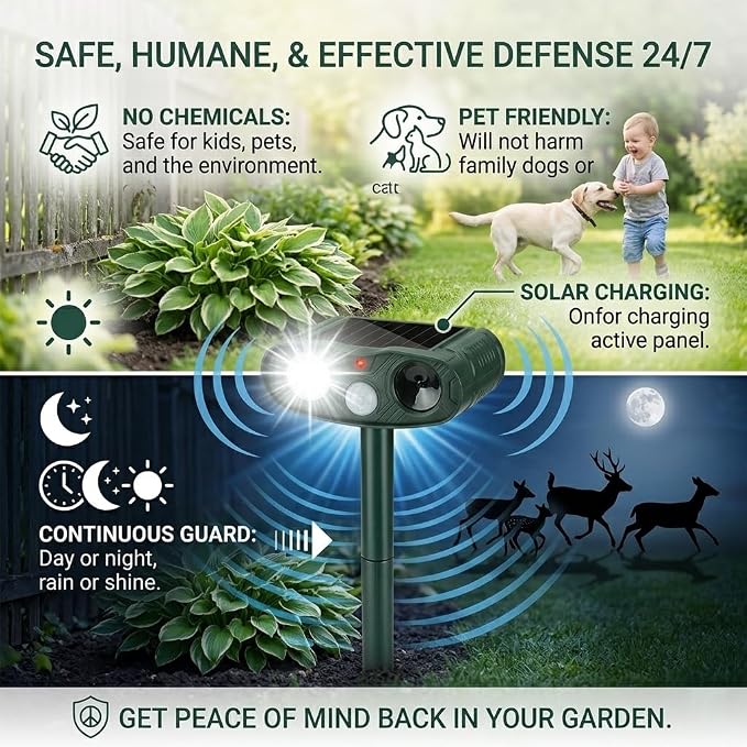 4Pack Sonic Fortress Pro Deer Repellent Devices to Protect Hostas&Plants,Solar Ultrasonic Animal Repellent with Flash Light&Motion Activated for Garden,Yard,Keep Rabbit,Squirrel Away 2026