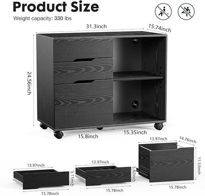 DUMOS Wood File Cabinet with 3 Drawers, Rolling Printer Stand | Under Desk Storage Organizer Home Office Space with Shelves for Files and Office Supplies, Rust