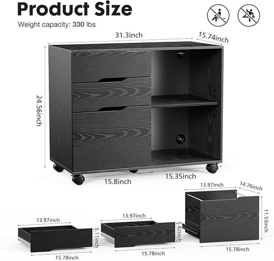 DUMOS Wood File Cabinet with 3 Drawers, Rolling Printer Stand | Under Desk Storage Organizer Home Office Space with Shelves for Files and Office Supplies, Rust