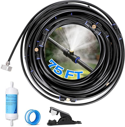 Misters for Outside Patio 75FT/23M, Pre-Assembled Misting Cooling System with 23 Brass Nozzles & 3/4" Adapter, Outdoor Mister for Backyard, Garden, Greenhouse, Chicken Coop, Dog House