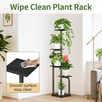 LASZOLA 5 Tiered Plant Stand Tall for Indoor Corner, Modern Multiple Flower Display Rack with Wooden Tray, Vertical Planter Shelf for Living Room Bedroom Patio Garden Balcony, Black