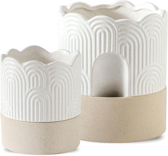Nihow Ceramic Self Watering Pots for Indoor Plants, 4.5+6 Inch,Beige Set 2 | Visible Water Level Fill Port,Planter with Cotton Wick,Water Storage Plus, Cylinder Round Flower Pot, Succulent/Herbs/Violets