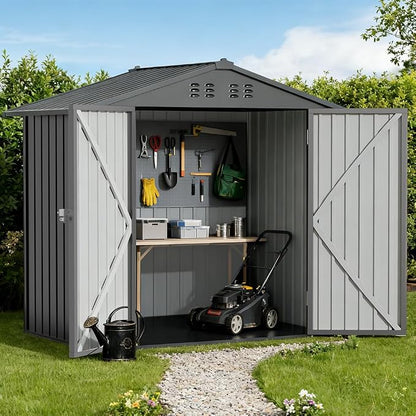 COMHOMA 6'x4' Shed Outdoor Storage Metal with Lockable Doors & Vents | Weatherproof garden utility tool house with adjustable shelving, spacious galvanized steel ventilated backyard workshop, gray