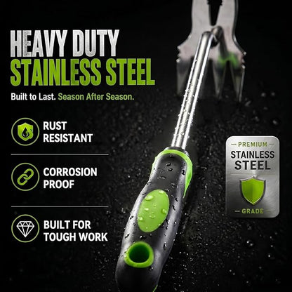 Weed Puller Tool, 2-in-1 Hand Weeder and Root Remover, Heavy Duty Stainless Steel Weeding Tool for Deep Roots, Ergonomic Garden Weed Pulling Tool for Lawn and Yard - Green