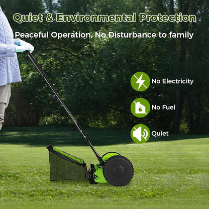 12" Push Reel Lawn Mower, 0.67-1.3 in Adjustable Cutting Height | 6-Gallon Collection Bag, 5 Blade Manual Lawn Mower, Walk-Behind Lawn Mowers for Yard, Garden
