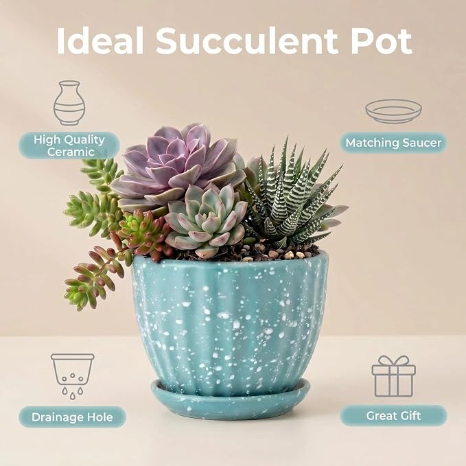 4 Inch Ceramic Indoor Succulent Plant Pots with Drainage Holes and Saucers, Bonsai Planter for Succulent, Cactus, Small Flowers (Green)