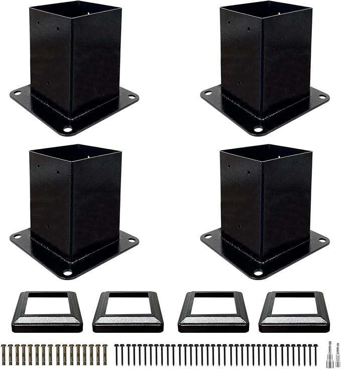 4 Pack 4x4 Post Base with Decorative Cover, Heavy Duty Iron Post Base, 3.6" x 3.6" Inner Size, Black Powder Coated Deck Post Base for Concrete, Pergola, Fence, Porch Railing, Gazebo