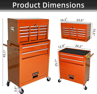 8-Drawer Tool Chest, Detachable Top Box for Garage,Orange | Rolling Mobile Storage Cabinet Organizer with Lockable Wheels for Workshop Utility, Heavy Duty Metal Construction