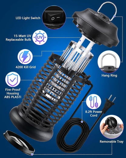 Bug Zapper Outdoor, Plug in Electric Mosquito Fly Zapper w/ 15W Light & 4200V Grid & on/Off Switch, Mosquito Traps & Killer for Indoor, Kitchen, Patio, Backyard and More (Black)