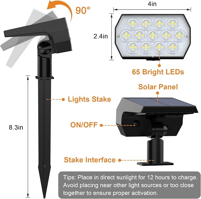 WELALO Solar Spot Lights Outdoor, [2 Pack/65 LED/3 Modes] Solar Landscape Spotlights, Solar Powered Security Lights, IP68 Waterproof Wall Lights for Outsides Walkway Yard Garden Driveway(Cool White)
