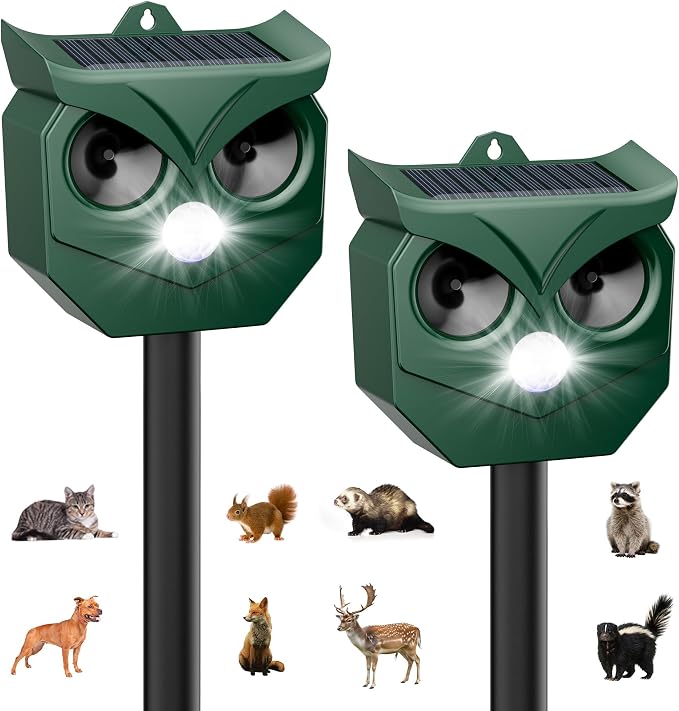 Solar Animal Deterrent Outdoor 2 Pack, Ultrasonic Motion Activated Repeller with LED Strobe, Waterproof for Unwanted Animals - Protect Garden Yard Lawn from Cats Squirrels Deer Raccoons Skunks