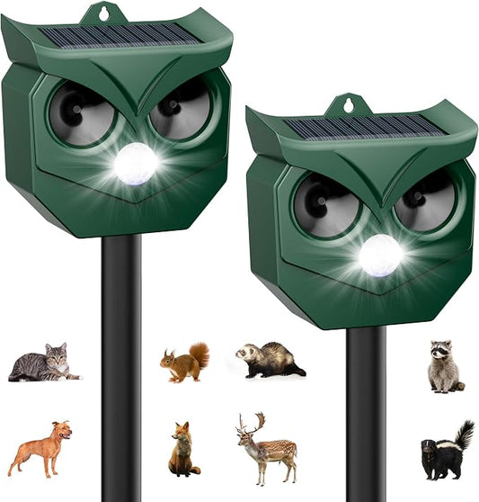 Solar Animal Deterrent Outdoor 2 Pack, Ultrasonic Motion Activated Repeller with LED Strobe, Waterproof for Unwanted Animals - Protect Garden Yard Lawn from Cats Squirrels Deer Raccoons Skunks