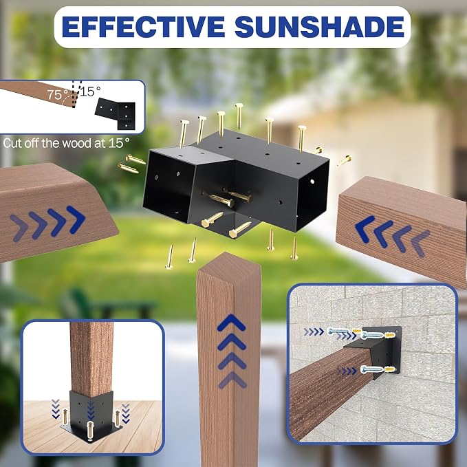 Pergola Kit, 15° 3-Way Slanted Roof Pergola Bracket Set, Powder-Coated Roof Wall Mount Pergola Brackets 4"x 4"(Actual: 3.5x3.5 Inch), Pergola Hardware for Porch Gazebo Backyard (6 pcs), Black