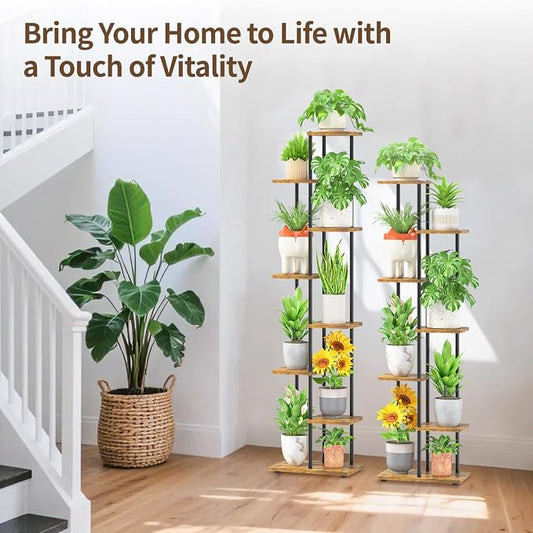 LASZOLA Black 7 Tiered Wood Plant Stand Indoor for Larger Heavy Duty Planter, Sturdy Multi Level Vertical Flowers Racks for Narrow Inside Floor, Decorate Shelving for Hold House Tree, Space Saving