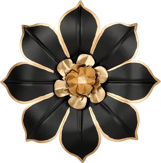 10" Metal Flowers Wall Decor, Black & Gold 3D Floral Metal Wall Art Decor for Inoor & Outdoor Use, Vintage & Modern Walls Arts for Bathroom, Living Room, Bedroom, Office, Garden, Patio, Porch, 1 Piece