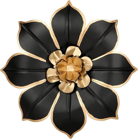 10" Metal Flowers Wall Decor, Black & Gold 3D Floral Metal Wall Art Decor for Inoor & Outdoor Use, Vintage & Modern Walls Arts for Bathroom, Living Room, Bedroom, Office, Garden, Patio, Porch, 1 Piece