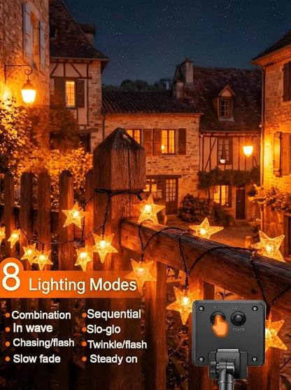 Twinkle Solar Star String Lights Outdoor Waterproof 39FT/100L Fairy Lights | 8 Modes Camping Garden Wedding Party Tree Holidays Backyard Patio Orange