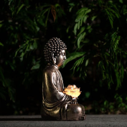 Buddha Lotus Statue with Solar Lights, Resin LED Figurine for Garden Decor – Unique Gift for Women and Friends(Copper Buddha)