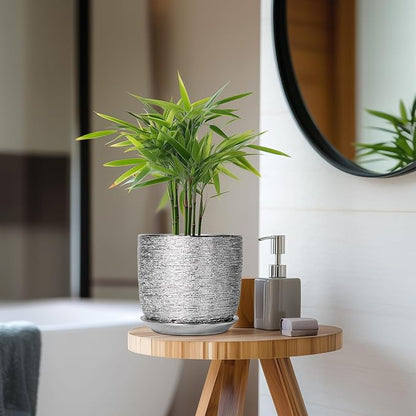 Ceramic Flower Pot - 7 Inch Ceramic Plant Pot for Indoor Flowers, Modern Outdoor Round Planter with Drainage Hole and Saucer, Gifts for Plant Lovers, Home Garden Decor, Silver