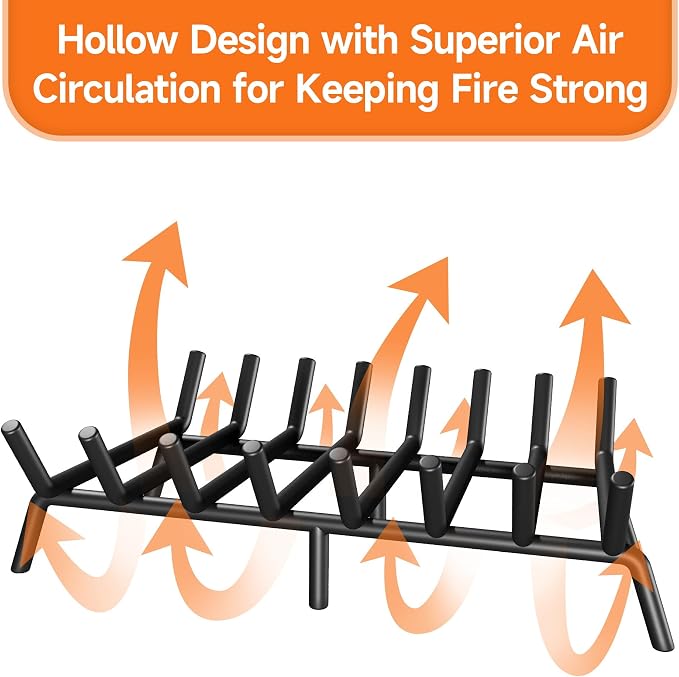 SUZLON Fireplace Grate 24 inch 7 Bar Fireplace Log Grate Heavy Duty Solid Steel Indoor Chimney Hearth with 6 Enhanced Stability Legs Kindling Tools Pit Wood Stove Firewood Burning Rack Holder
