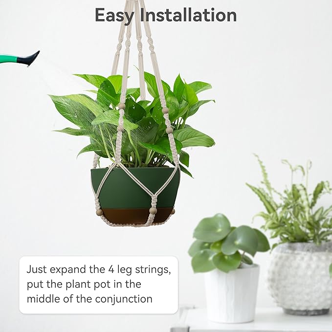 USLAI Macrame Plant Hanger Indoor Outdoor, Fits 4 to 15 Inch Pots, Strong Hanging Planter Holder, Boho Home Decor, 23+29+35 Inch, Ivory (POTS NOT Included)