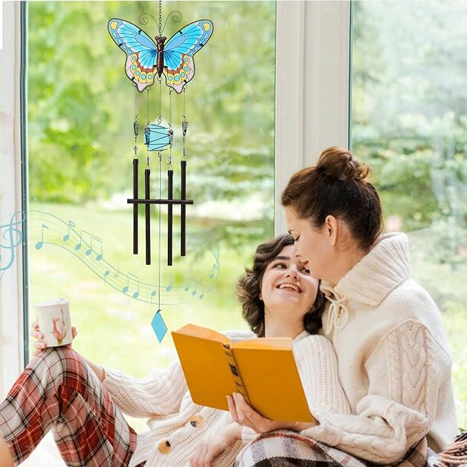 MUMTOP Butterfly Wind Chimes for Outside, Stained Glass Wind Chime Windchimes for Patio, Outdoor,Garden,Yard,Coastal,Window,Home Decor or Gifts for Women(Colorful)