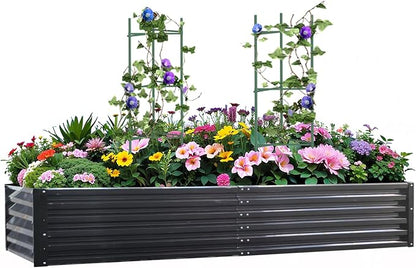 Metal Raised Garden Bed 8x4x1.5Ft Tall Outdoor Large Metal Galvanized Planter Boxes Kit for Vegetables, Flowers and Herbs,Garden Beds with 2Pcs Tomato Cage 1Pc Gloves,Black