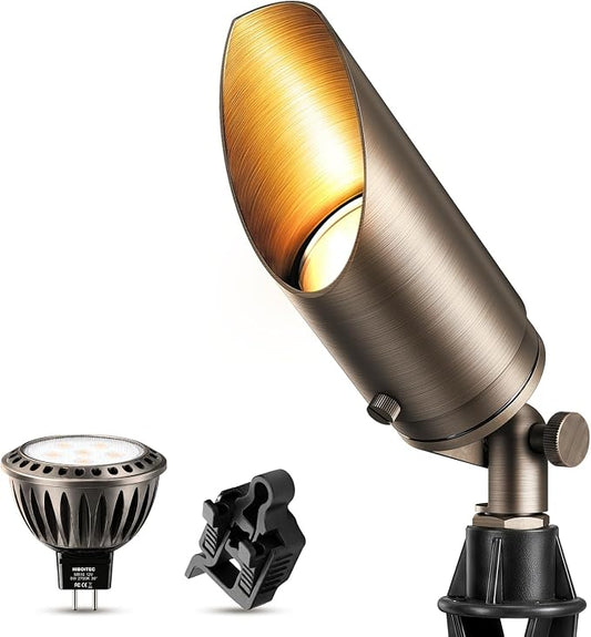 HIBOITEC Solid Brass Outdoor Landscape Spotlights, 12V Heavy Duty Low Voltage Landscape Lighting, LED Spot Light Fixture Waterproof, Classic Bronze Uplight with 2700K MR16 Bulb, 1Pack