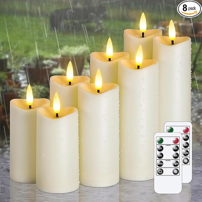 Waterproof Flameless 2.2" x4" 4" 5" 5" 6" 6" 7" 7" Pillar Candles with Remote Control and Timer, LED Ivory Battery Operated Plastic Wave-Shaped Design Pack of 8 Outdoor Flickering