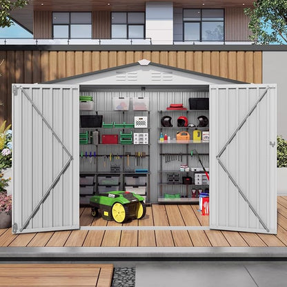 8X6 FT Storage Shed, Metal Outdoor Garden Tool Shed with Pitched Roof Waterproof with Window and 2 Lockable Door,Vents,for Garden Tool Storage, Sundries and Bike Storage,White+Gray