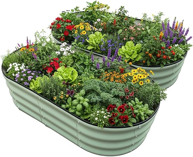 Raised Garden Bed, Metal Planter Box, Flower Box, Outdoor Planting Flower Herb Vegetable Planter (2 PCS of 4×2×1 ft, Green Oval)