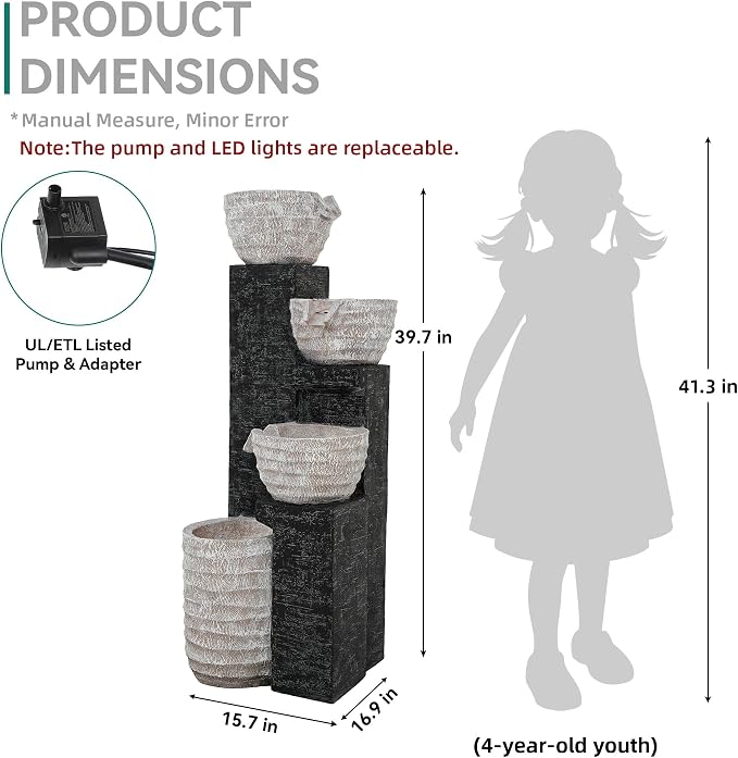 40" H Outdoor Water Fountain with LED Lights & Pump | Sand-Textured Freestanding Garden Fountain, Multilayer Cascading Polyresin Fountain for Tranquil Garden, Patio or Porch