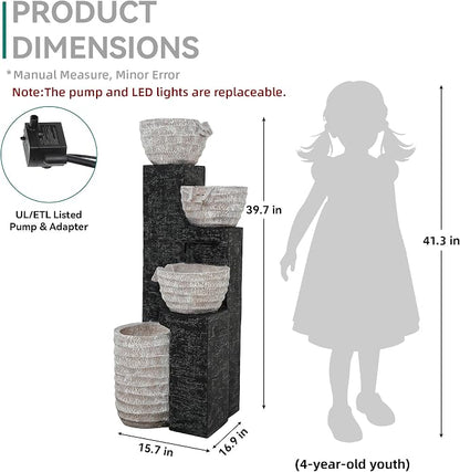 40" H Outdoor Water Fountain with LED Lights & Pump | Sand-Textured Freestanding Garden Fountain, Multilayer Cascading Polyresin Fountain for Tranquil Garden, Patio or Porch