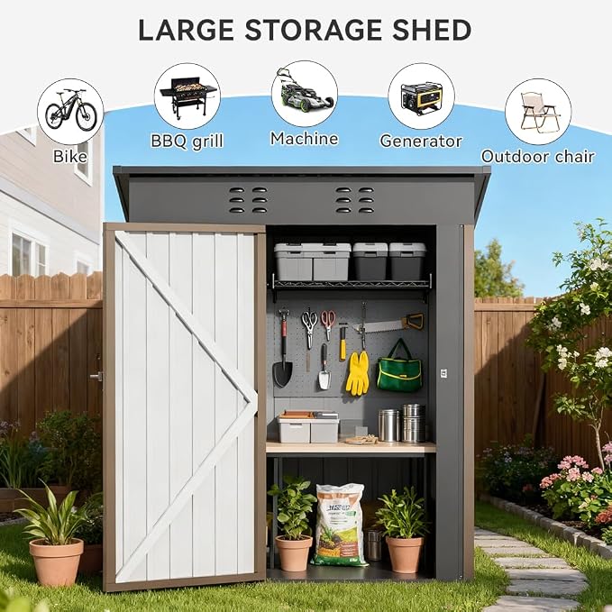 COMHOMA Shed Outdoor Storage Shed Metal,Lockable Doors Tool Sheds with Sloping Roof,Steel Garden Shed with Air Vent for Backyard,Patio,Lawn,Poolside(Brown,5'*3')