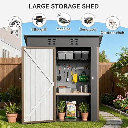COMHOMA Shed Outdoor Storage Shed Metal,Lockable Doors Tool Sheds with Sloping Roof,Steel Garden Shed with Air Vent for Backyard,Patio,Lawn,Poolside(Brown,5'*3')