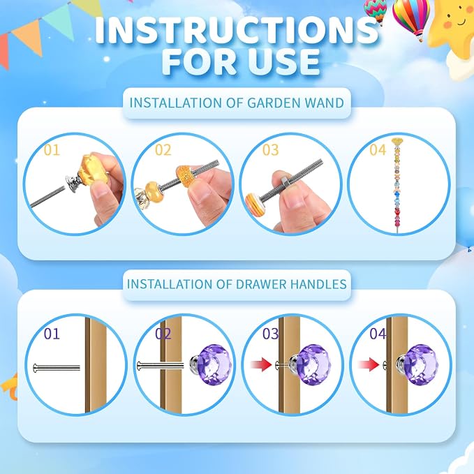AIPRIDY DIY Crystal Beaded Fairy Wand Garden Stakes Kit, Colorful Decorative Wands with Assembly Guide, 12 or 10 Inch Threaded Rods,Outdoor Garden Decoration Set (208, Six Color)