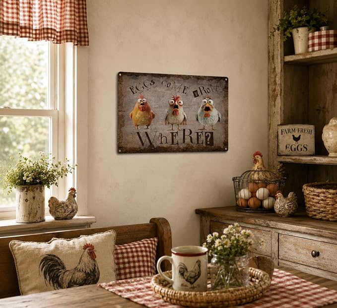 Funny Chicken Metal Sign, Rustic Farmhouse Eggs Come From Where Wall Decor, Humorous Hen Rooster Art Plaque for Chicken Coop Home Farm Kitchen Decor 8x12 Inch
