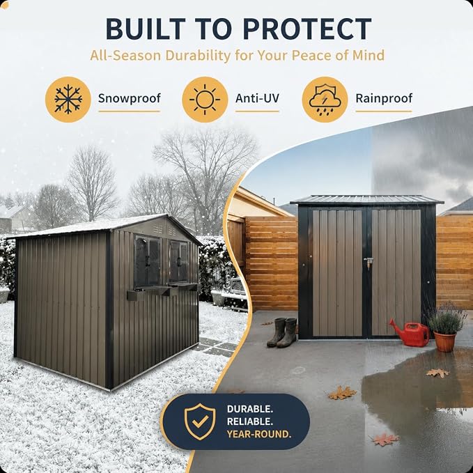 6x9 FT Outdoor Storage Shed with 2 Clear Openable Windows,Waterproof Metal Building Backyard Shed w/Windowsill & Garden Bed Flower Rack,Lockable Double Doors Tool Shed,for Yard,Brown