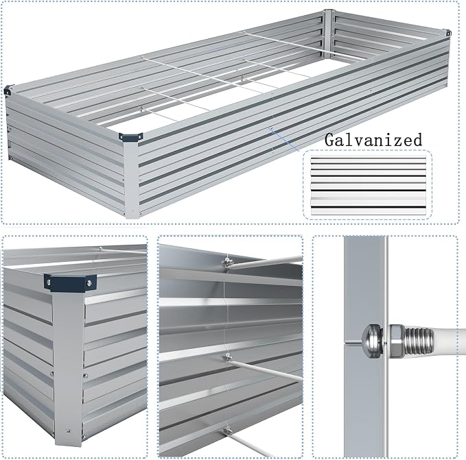 2PCS 10x3x1ft Galvanized Raised Garden Bed Kit,Gardening Planter Box | Outdoor Elevated Metal Planter Box For Vegetables, Flowers, Herbs, Anti-Rust Galvanized Steel, Open Drainage, Sturdy (Silver)