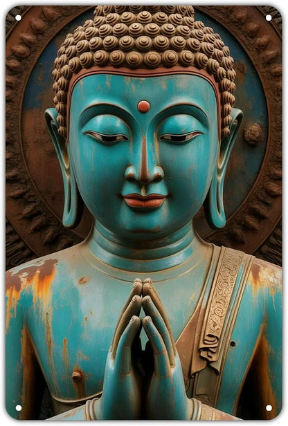 Buddha Statue tin sign Vintage Zen Buddhist Metal Sign Print Aesthetic for Garden Yard Bar Porch Home Bedroom Kitchen Wall Art Decor Gift 8 x 12 inch