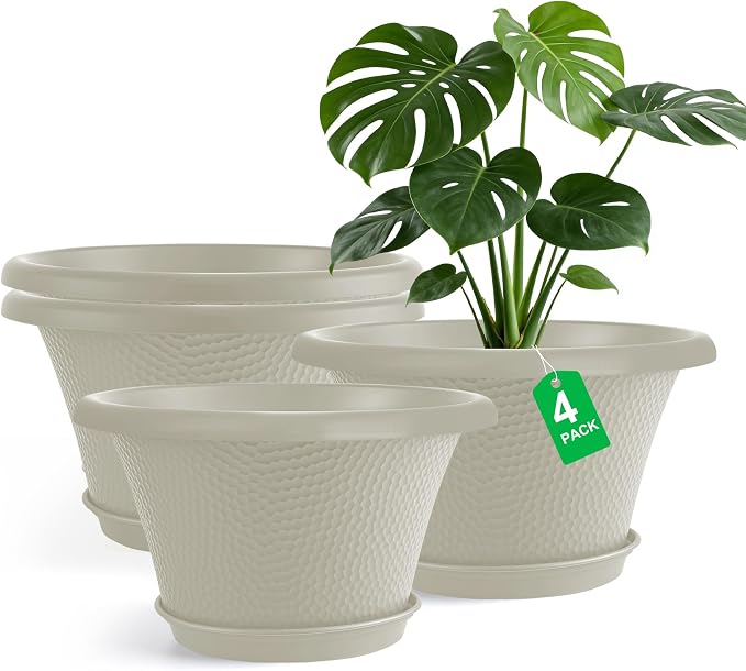 Quarut 12 Inch Pots for Plants,4 Pack Large Flower Pots with Saucer | Modern Planters for Indoor Outdoor Plants,Decorative Resin Garden Pots with Drainage Holes(Beige)